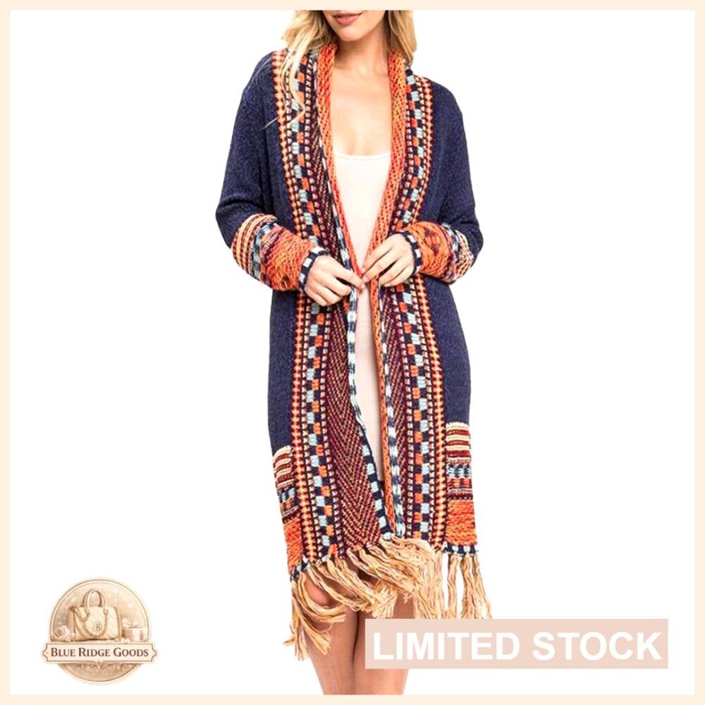 Long Open Front Cardigan Sweater with Tassel Fringe, 100% Acrylic